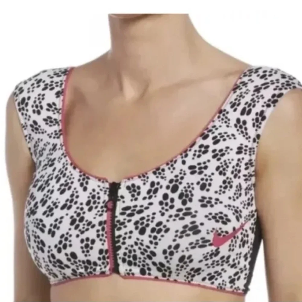 Nike Swim Top Womens S Black White Party Dots Crop Bikini Top Partial Zip‎ Front